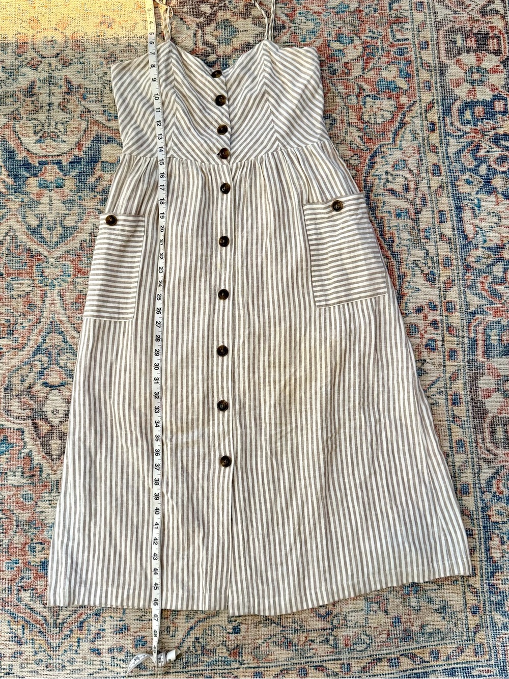 Sundress Midi Striped Linen Blend Dress Beige White Pockets Boho S Spring Summer - Picture 7 of 9